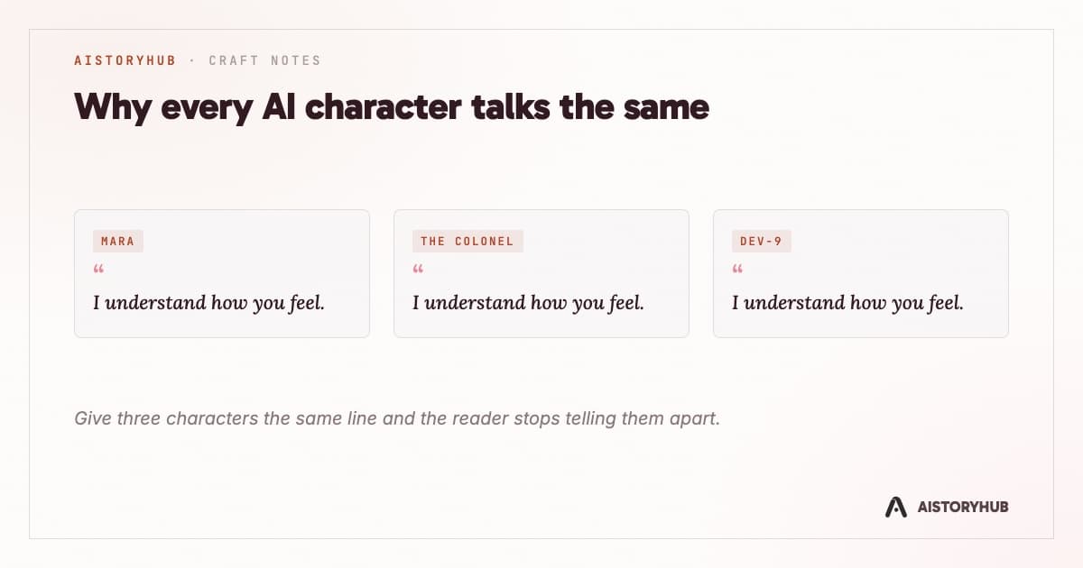 Three character name cards, Mara, The Colonel, and Dev-9, each with the identical line of dialogue: I understand how you feel.