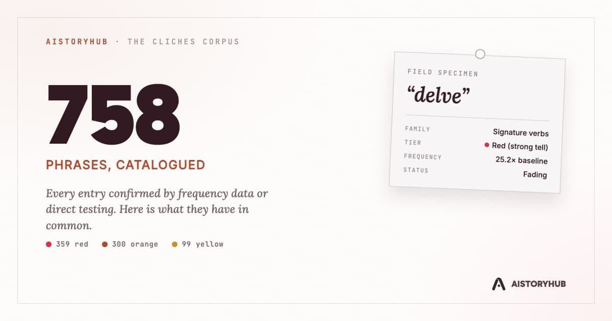 A specimen card for the word delve tagged red, strength 99, 25.2 times baseline, next to the number 758 and a red orange yellow tier count for AIStoryHub's AI cliches corpus.