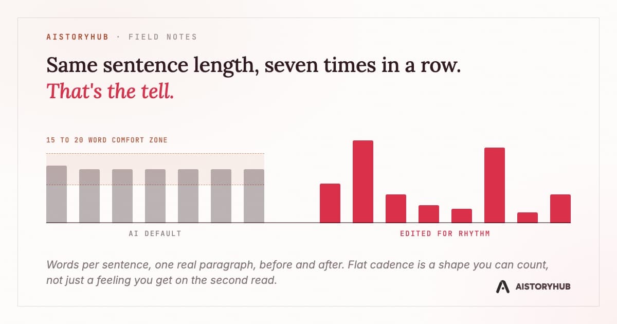 Bar chart comparing seven near-identical AI-default sentence lengths sitting inside a dashed comfort-zone band against eight varied, edited sentence lengths spiking and stalling.