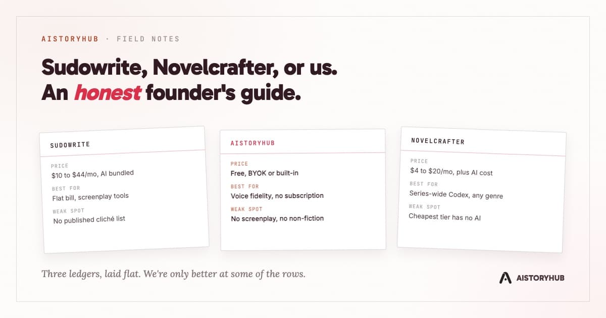 Three tilted index cards on a paper background comparing Sudowrite, AIStoryHub, and Novelcrafter on price, best-for, and weak spot, under the headline Sudowrite, Novelcrafter, or us: an honest founder's guide.