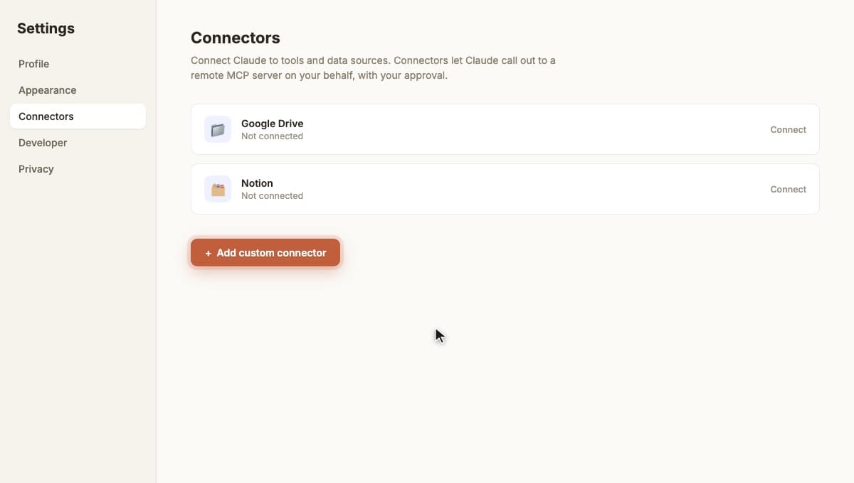 Claude Desktop Settings panel showing the Connectors tab, with an Add custom connector button