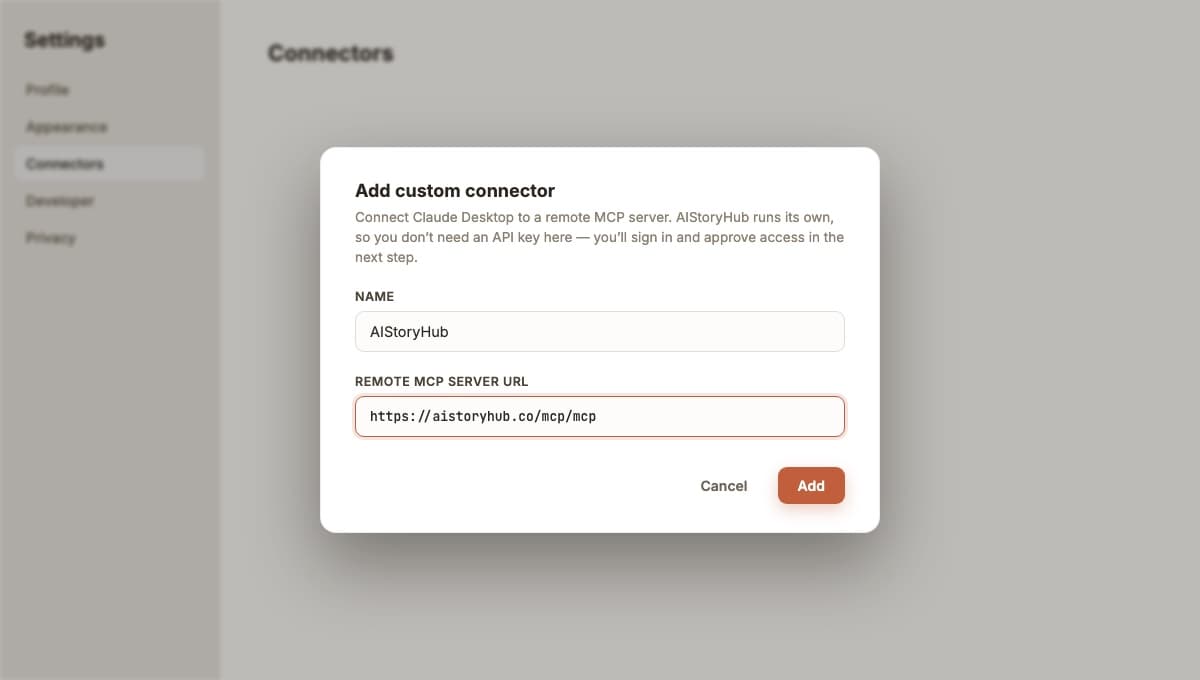 Add custom connector dialog in Claude Desktop with Name set to AIStoryHub and Remote MCP server URL set to https://aistoryhub.co/mcp/mcp