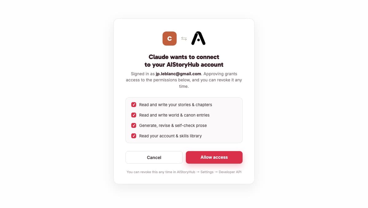 AIStoryHub OAuth consent screen asking Claude to connect to your AIStoryHub account, listing the permissions requested and an Allow access button