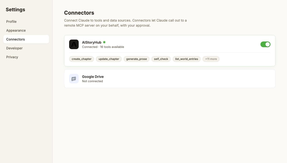 Claude Desktop Connectors panel showing AIStoryHub connected with 16 tools available and a list of tool names