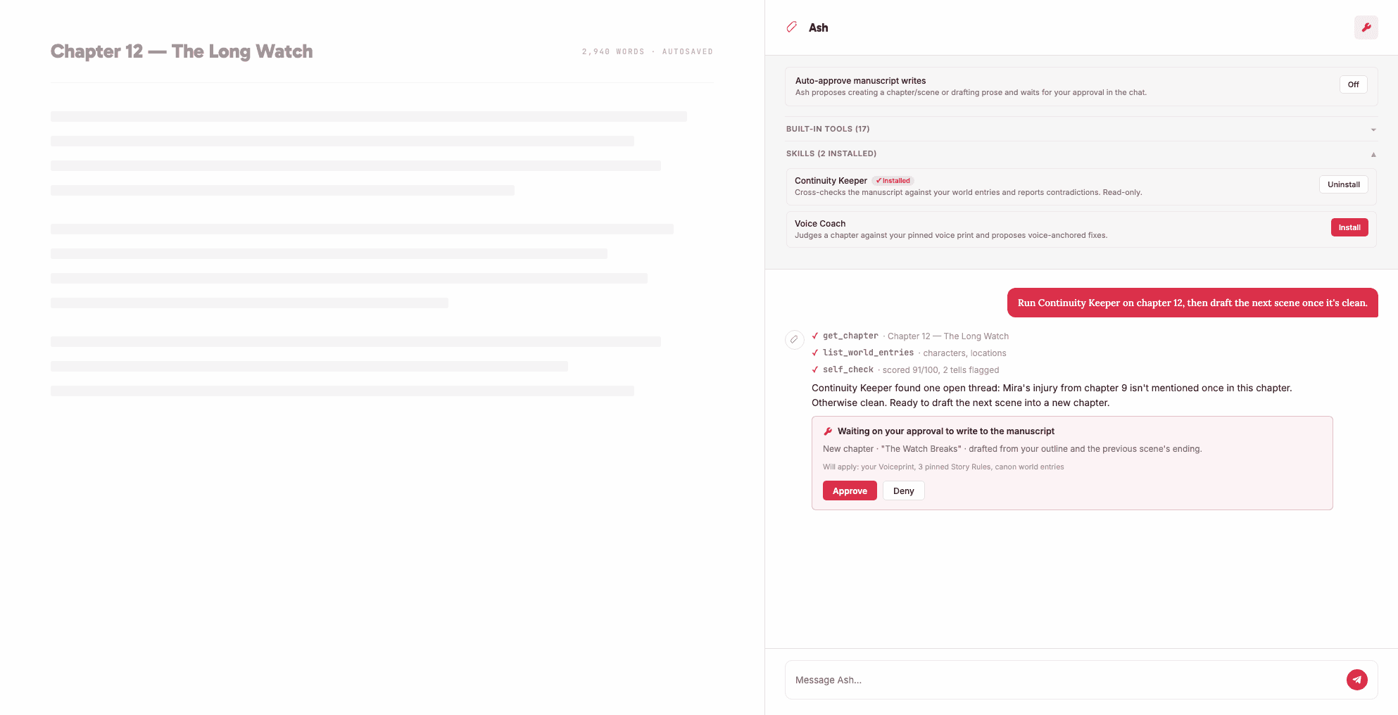 Ash's chat panel showing a tool trail (get_chapter, list_world_entries, self_check) followed by an approval card asking to write a new chapter, with Approve and Deny buttons