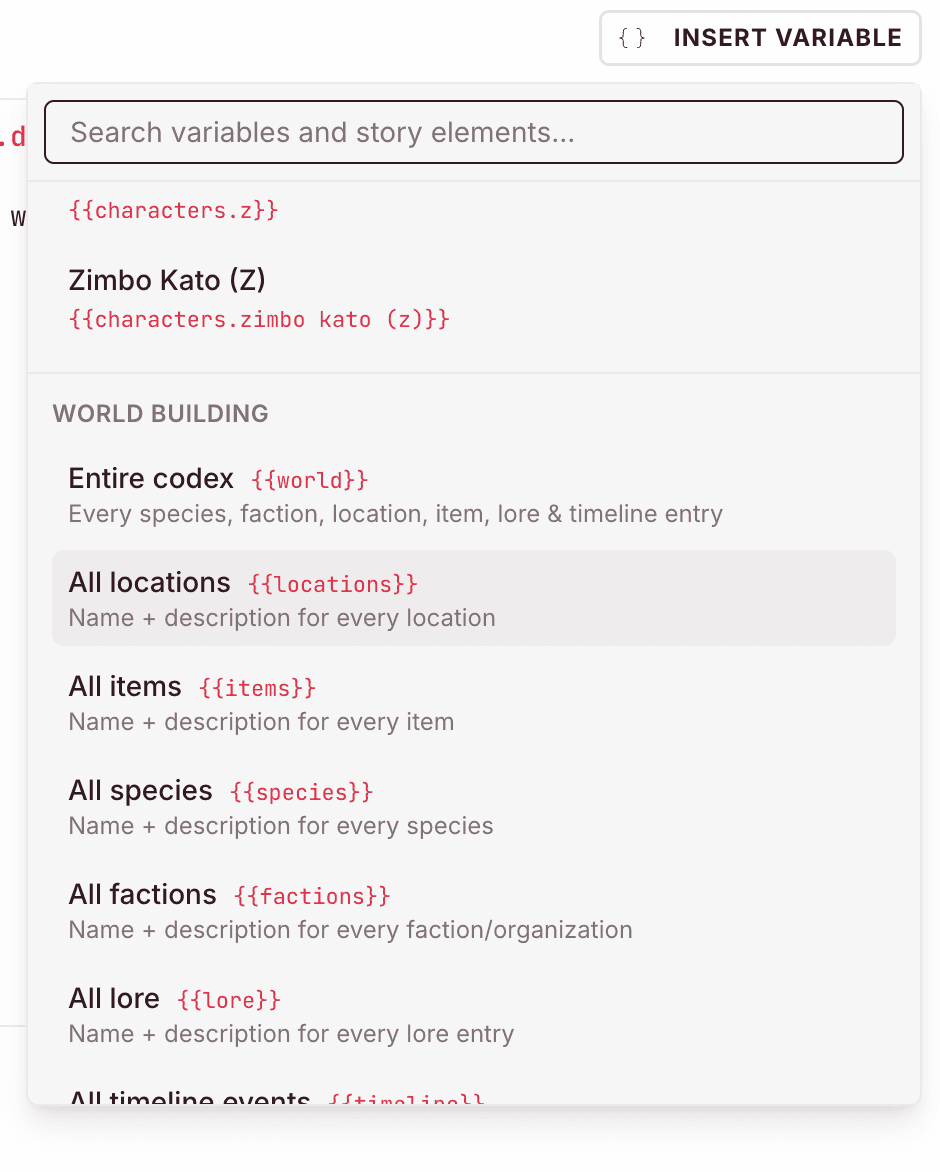 The Insert Variable picker, searchable, showing a specific character result and a full list of world-building variables: entire codex, all locations, items, species, factions, lore, and timeline events