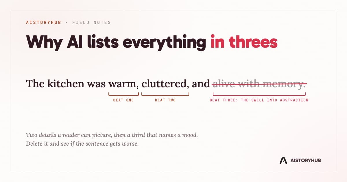 The sentence 'The kitchen was warm, cluttered, and alive with memory.' with brackets under each item labelled beat one, beat two, and beat three, and the third item struck through in red.